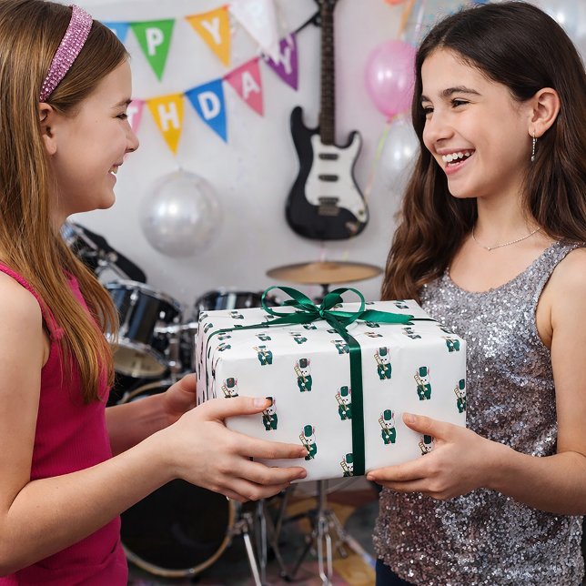 Papier Cadeau Trombone Cute Bunny Marching Band Green Gold (Wrapping paper featuring a pattern of bunnies wearing green & gold uniforms holding a trombone.)