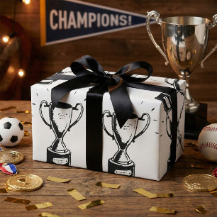 Papier Cadeau Trophée Dessiné à la Main Rétro Noir et Blanc Réco