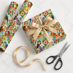 Papier Cadeau Tropical Bébé Animaux de la Jungle