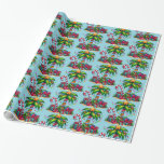 Papier Cadeau Tropical Christmas Holiday Palm Tree Motif<br><div class="desc">Envelopper le papier avec une image de vacances saisonnière. Un palmier tropical orné de lumières festives surmonté d'une étoile. Un sucre de canne géant rouge et blanc qui sort du sable. Cadeaux de Noël sous l'arbre. Whimsical et amusant.</div>