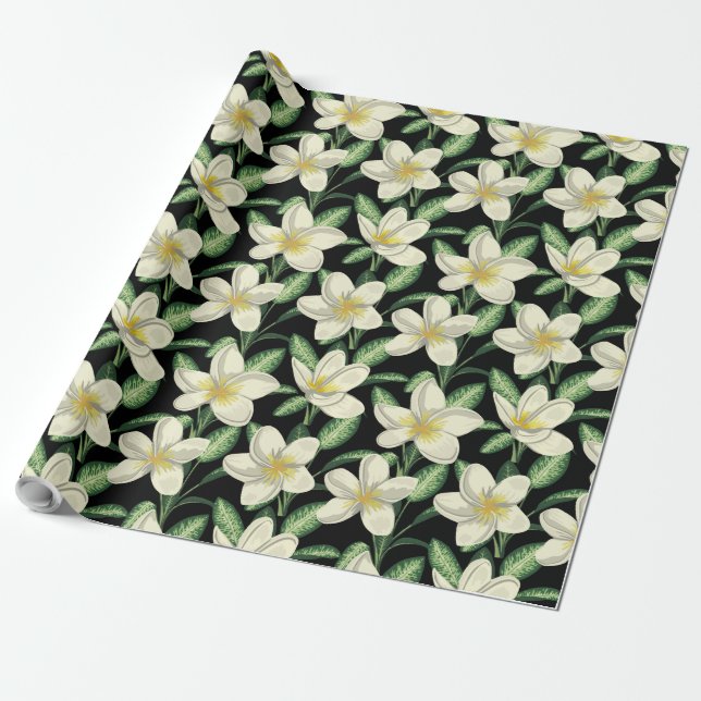 Papier Cadeau Tropical continu motif fleurs blanches feuille ver (Déroulé)