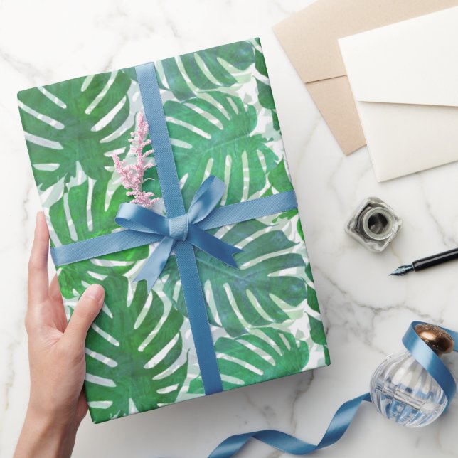 Papier Cadeau Tropical Green Monstera Palm Leaves Pattern  (Cadeaux)