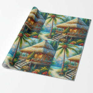 Papier Cadeau Tropical Hut Arbre de Noël Palmier Plage Découpage
