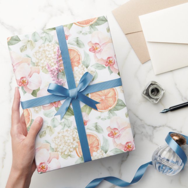 Papier Cadeau Tropical Pink Orchids Peach Grapefruit Birthday (Cadeaux)