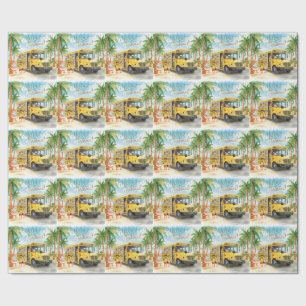 Papier Cadeau Tropical School Bus Noël avec le Père Noël