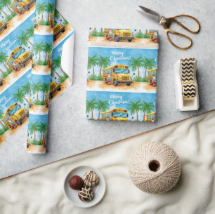Papier Cadeau Tropical School Bus Noël avec le Père Noël