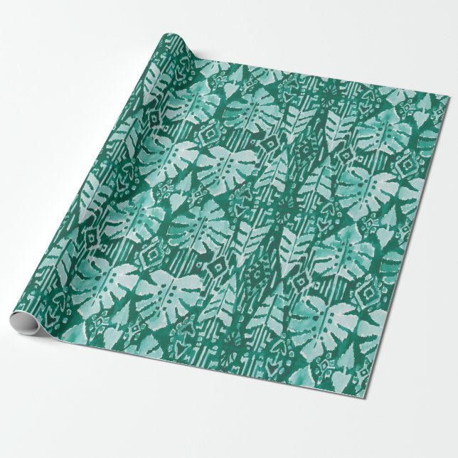 Papier Cadeau Tropical tribal vert hawaïen de la JUNGLE IKAT (Déroulé)