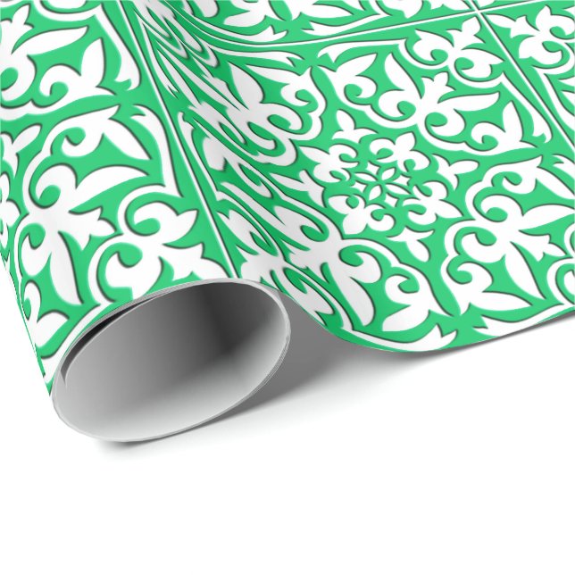 Papier Cadeau Tuile marocaine - vert et blanc de jade (Coin rond)