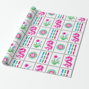 Papier Cadeau Tuiles de Mahjong Énormes #4 Rose Vert Capri Bleu