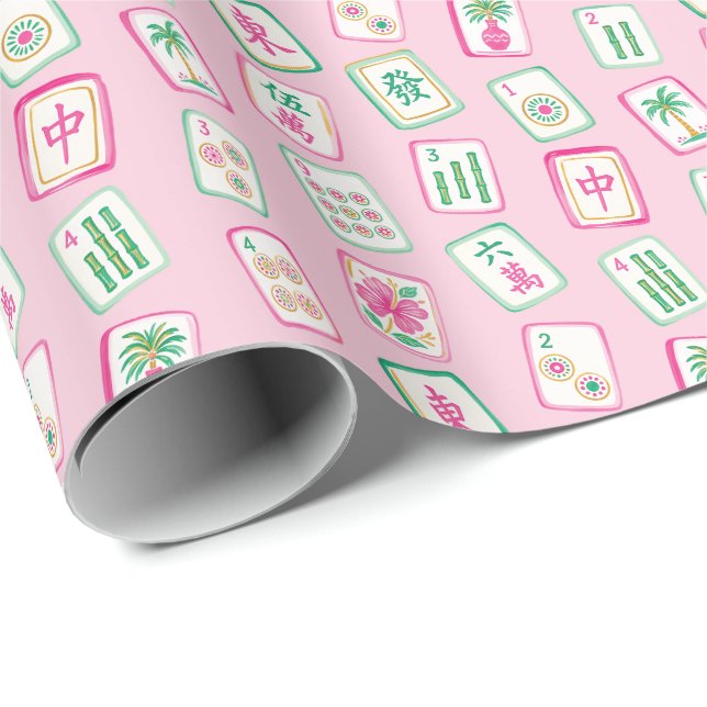 Papier Cadeau Tuiles de Mahjong Rose et Vert de Palm Beach (Coin rond)