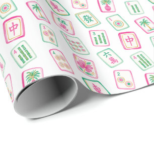 Papier Cadeau Tuiles de Mahjong Rose et Vert de Palm Beach