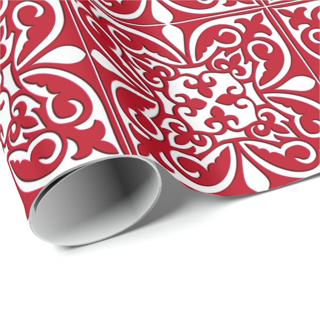 Papier Cadeau Tuiles marocaines - rouge foncé et blanc (Coin rond)