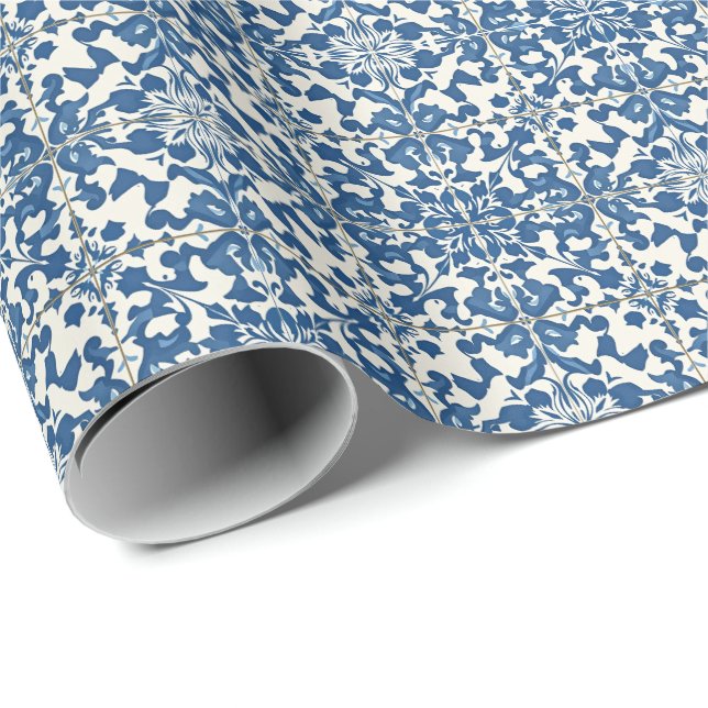 Papier Cadeau Tuiles portugais modernes Azulejos Marine et Blanc (Coin rond)