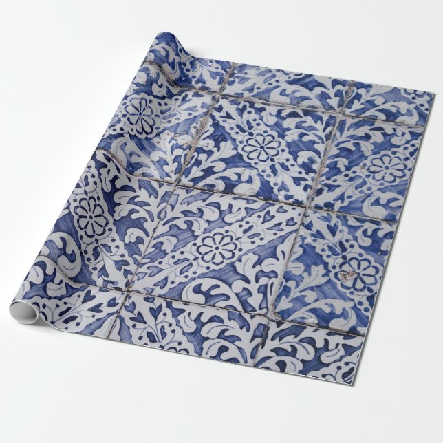 Papier Cadeau Tuiles portugaises - Azulejo Floral bleu et blanc (Déroulé)