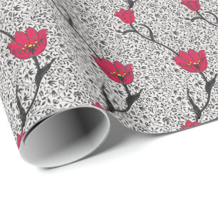 Papier Cadeau Tulipe Damas Art Nouveau, Gris et Rouge