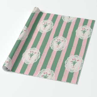 Papier Cadeau Tulipe Vintage et Nœud Coquette Rose Pâle