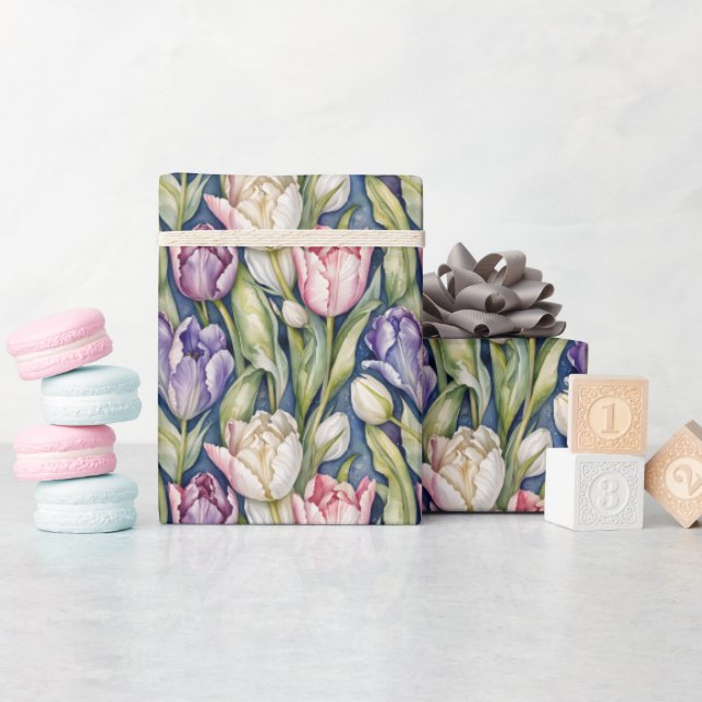 Papier Cadeau Tulipes classiques rose, violet, blanc (Baby Shower)