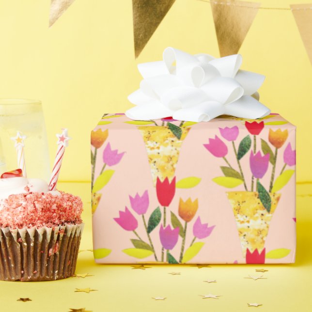 Papier Cadeau Tulipes D'Inspiration Rétro - Mi-siècle Illustré À (Fête d'anniversaire)