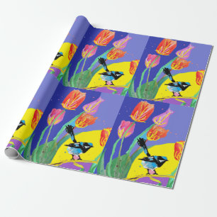 Papier Cadeau Tulipes en métal bleu fleurs d'art Aquarelle envel