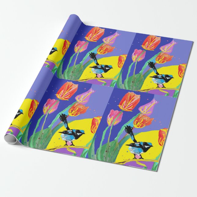 Papier Cadeau Tulipes en métal bleu fleurs d'art Aquarelle envel (Déroulé)