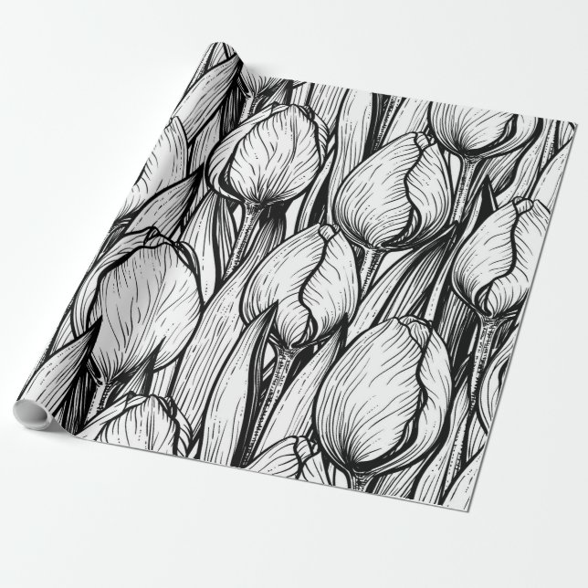 Papier Cadeau Tulipes en noir et blanc (Déroulé)