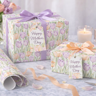 Papier Cadeau Tulipes Florales Printanières Rose Pêche Pastel Vi