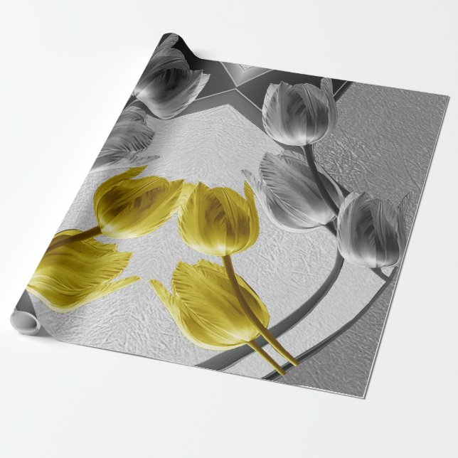 Papier Cadeau Tulipes gris et jaunes sur texture (Déroulé)