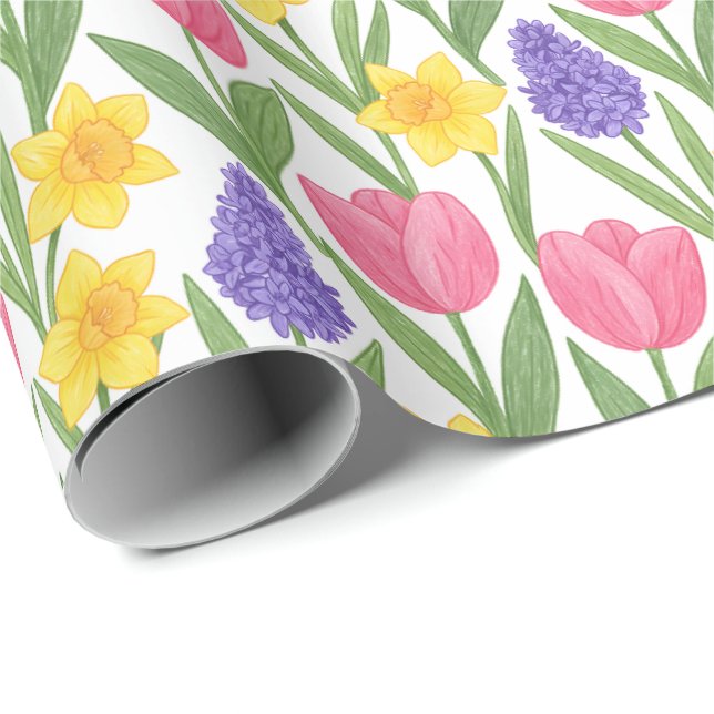 Papier Cadeau Tulipes, jonquilles, jacinthe style de coloriage (Coin rond)
