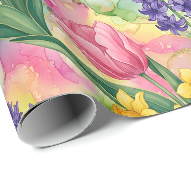 Papier Cadeau Tulipes, jonquilles, jacinthes dans le style d'enc (Coin rond)