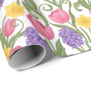 Papier Cadeau Tulipes roses, jonquilles jaunes, jacinthes violet