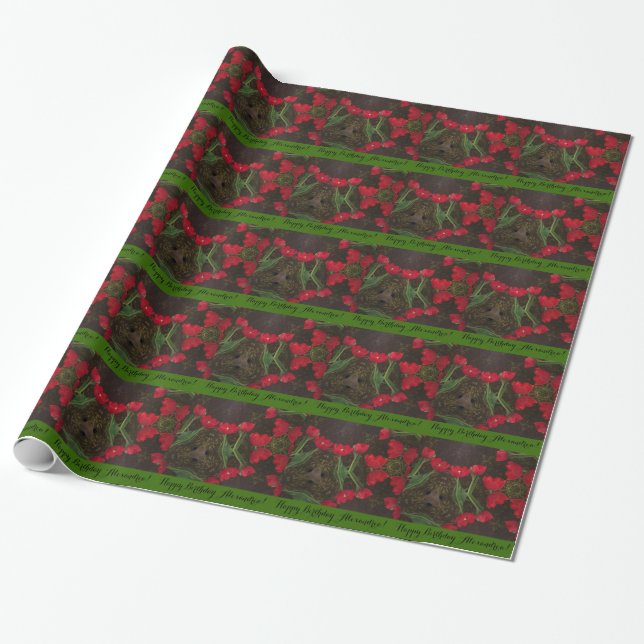 Papier Cadeau Tulipes rouges d'anniversaire sur Velvet vert (Déroulé)