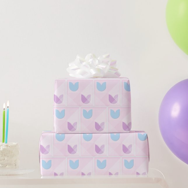 Papier Cadeau Tulipes violettes bleu pastel et rose géométrique  (Cadeaux de fête)