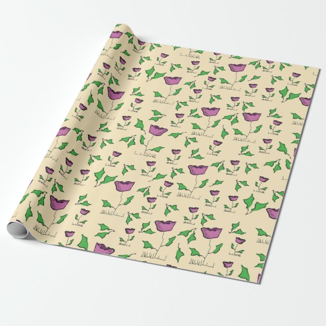 Papier Cadeau Tulipes violettes sur fond jaune (Déroulé)