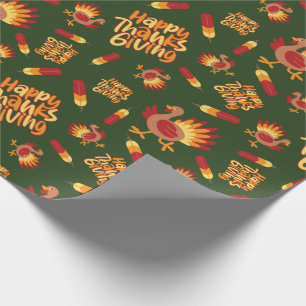 Papier Cadeau Turquie, plumes et Bon thanksgiving vert foncé