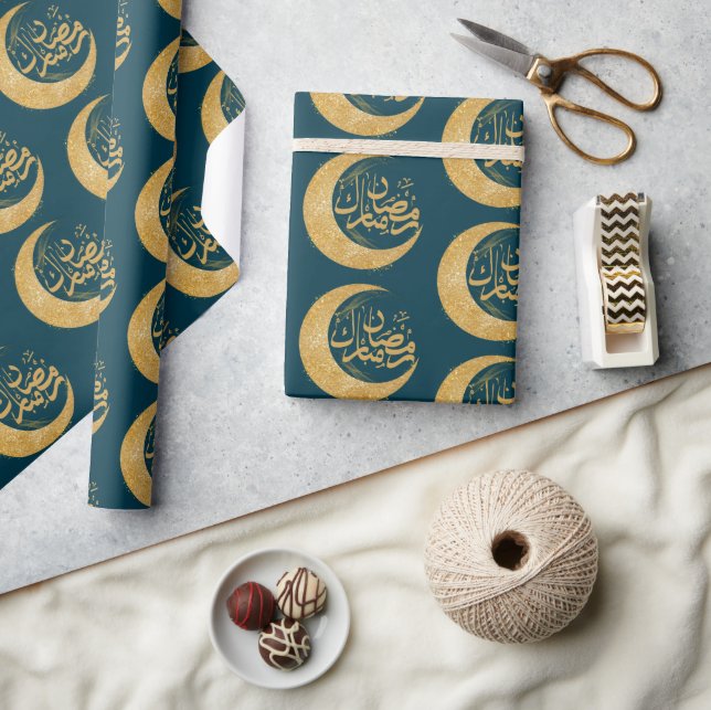 Papier Cadeau Turquoise bleu et or Ramadan Moubarak | Don Ramada (Artisanat)