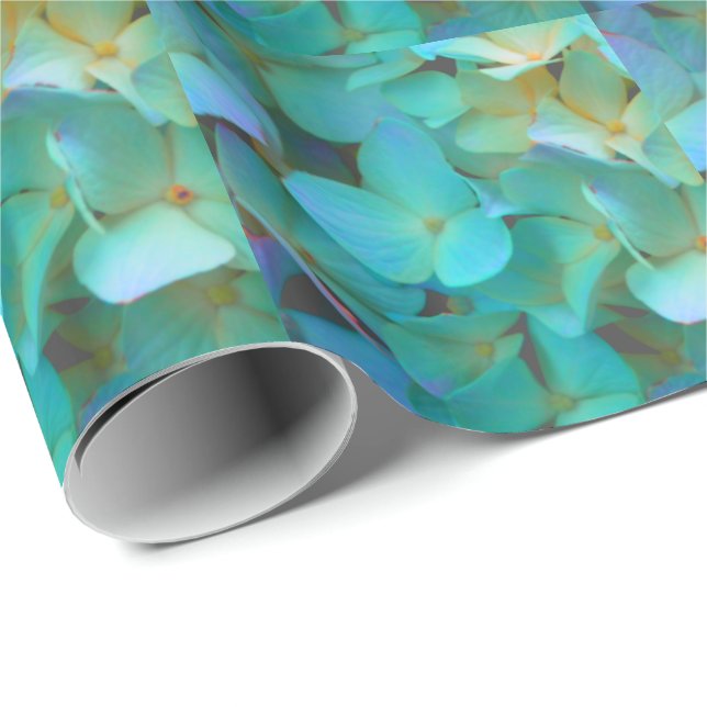 Papier Cadeau Turquoise bleu jaune rose hydrangée fleurs florale (Coin rond)