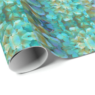 Papier Cadeau Turquoise bleu jaune rose hydrangée fleurs florale