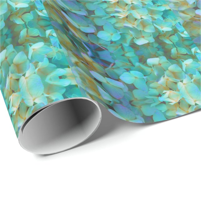Papier Cadeau Turquoise bleu jaune rose hydrangée fleurs florale (Coin rond)