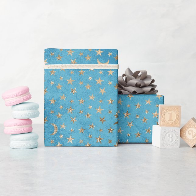 Papier Cadeau Turquoise Bleu Or Étoiles et Lunes (Baby Shower)
