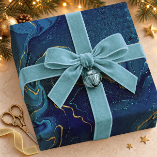 Papier Cadeau Turquoise Bleu Tendance Abstrait Marbrure Fluides