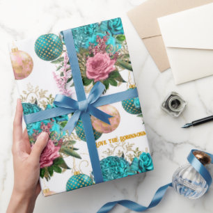 Papier Cadeau Turquoise & Blush Floral Élégant Noël personnalisé