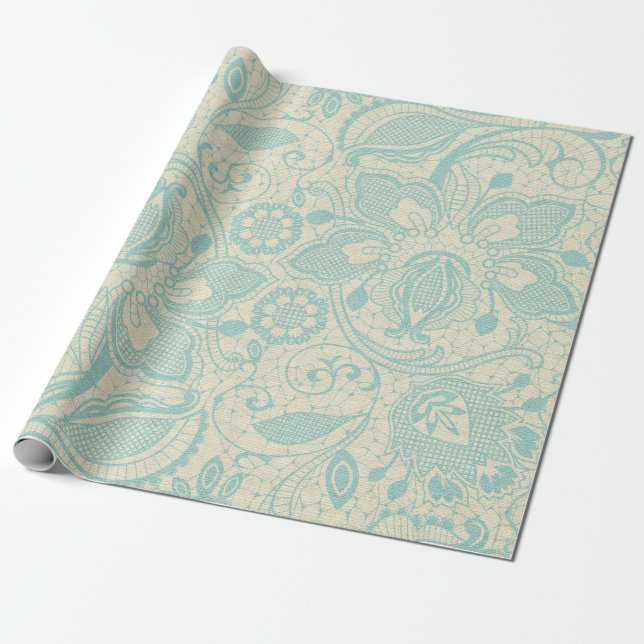 Papier cadeau turquoise en dentelle florale (Déroulé)