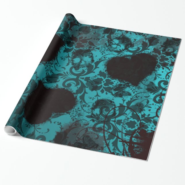 Papier Cadeau Turquoise Grunge Damask Valentine (Déroulé)