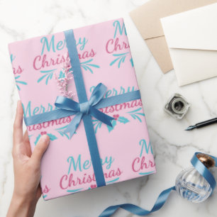 Papier Cadeau Turquoise Joyeux Noël Pastel Rose sans couture