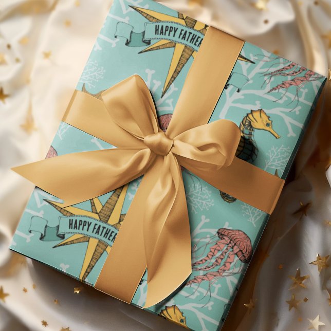 Papier Cadeau Turquoise Nautique Star Custom Text Marine (Cool Nautical Hand-drawn Illustration in Black Ink with Beautiful Ocean Life Scene. Custom Text!)