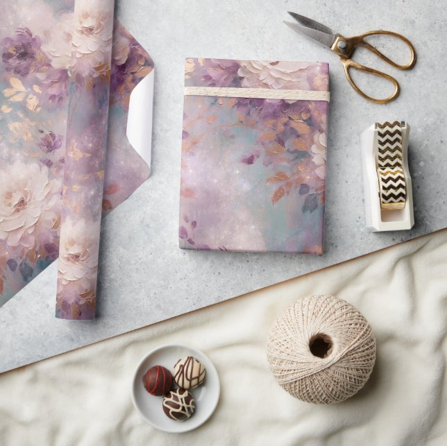 Papier Cadeau Turquoise Purple Or Blanc Floral (Artisanat)