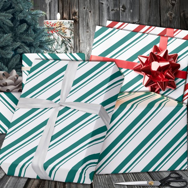 Papier Cadeau Turquoise Sucre de canne vert vacances en bande (Teal Green Candy Cane Stripe Holiday Wrapping Paper in 6 and 15 foot long 30 Inch Width Rolls
)