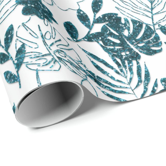 Papier Cadeau Turquoise Tropical Monstera Botanique Blanc Feuill (Coin rond)
