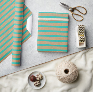 Papier Cadeau Turquoise Vert Bleu Lignes Faux Brun Kraft Rustiqu