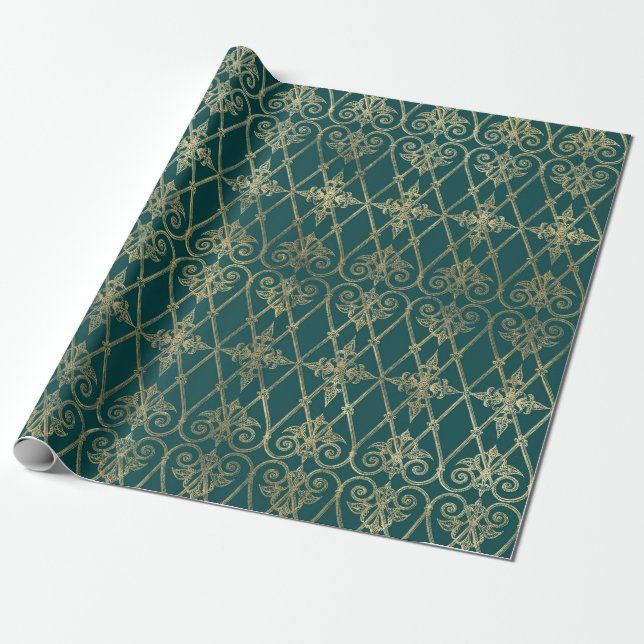 Papier Cadeau Turquoise vintage et Motif d'or (Déroulé)